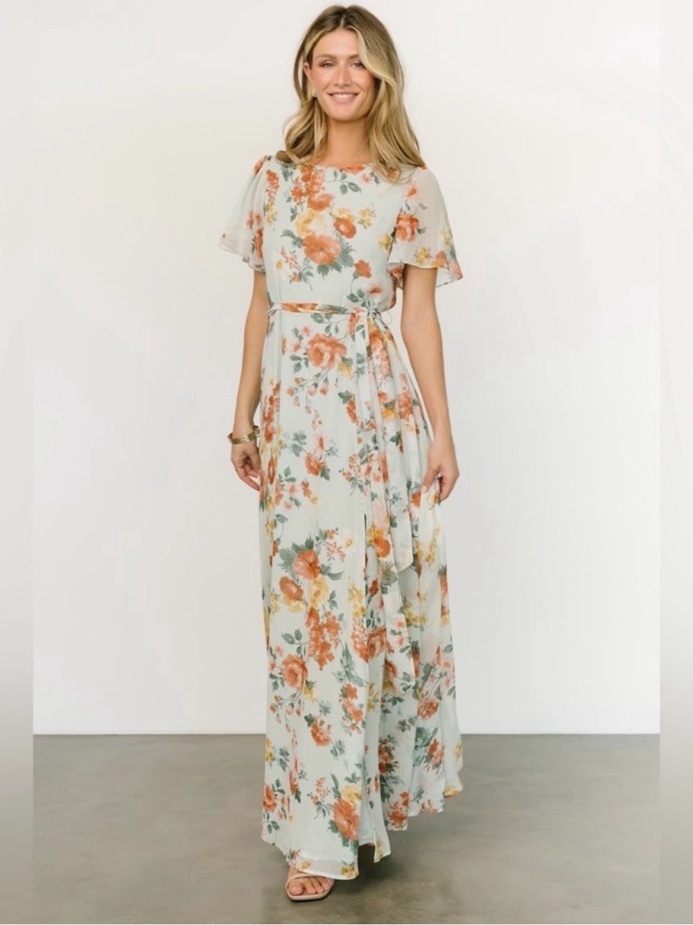 Baltic Born Naomi Sage Floral Maxi Dress Flutter Sleeve